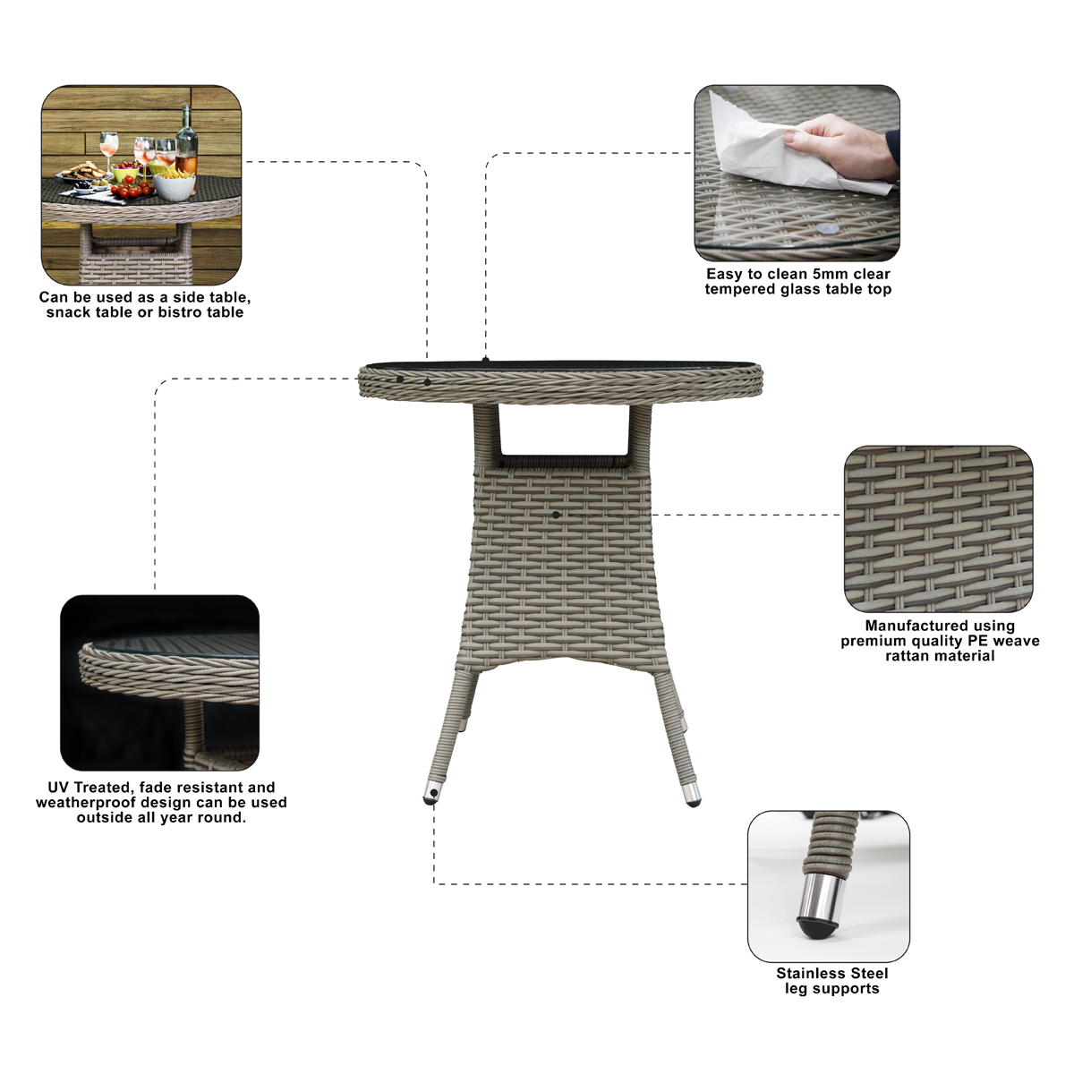 Dellonda DG65 Dellonda Chester Rattan Wicker Round Outdoor Table with Tempered Glass Top