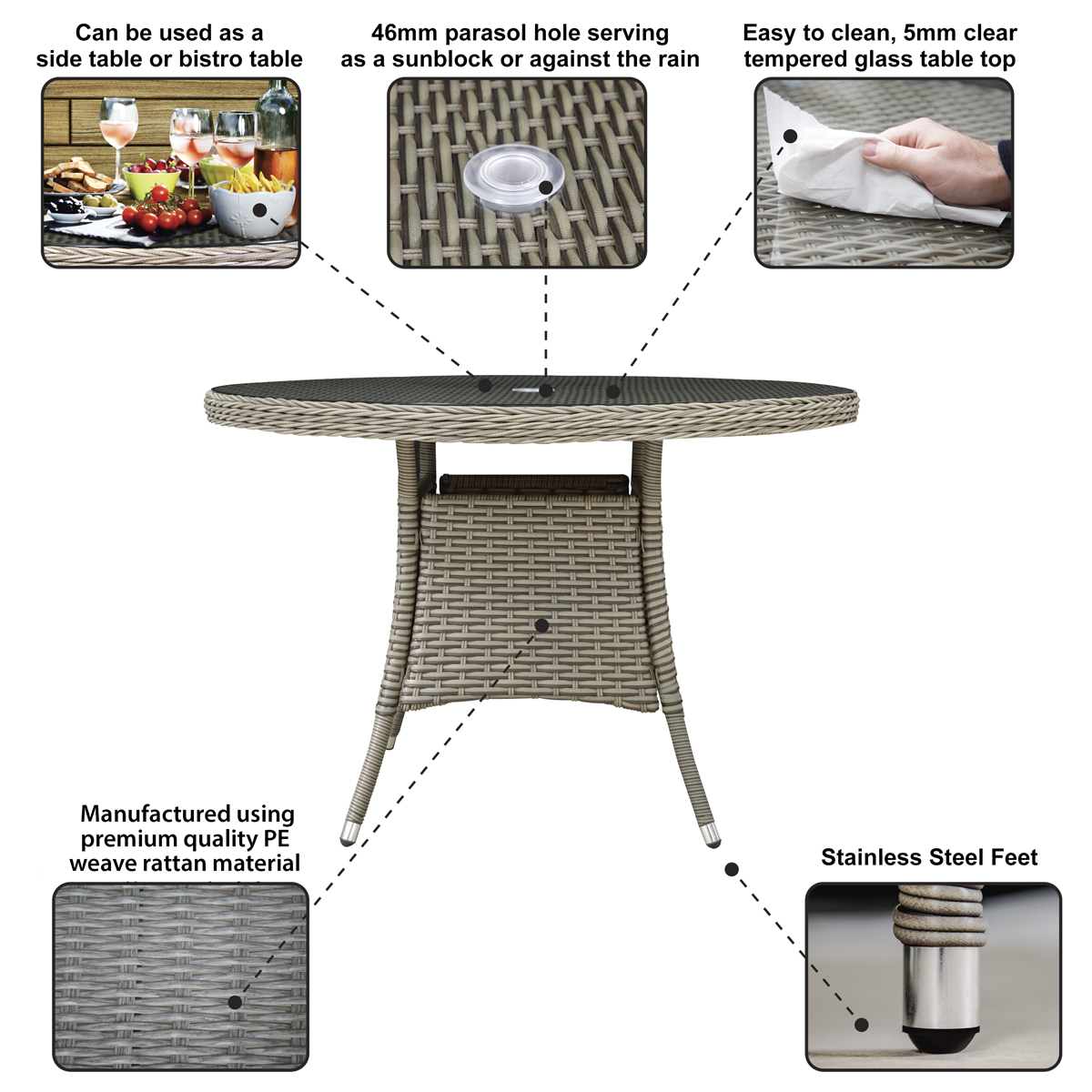 Dellonda DG66 Dellonda Chester Rattan Wicker Round Outdoor Dining Table with Tempered Glass Top