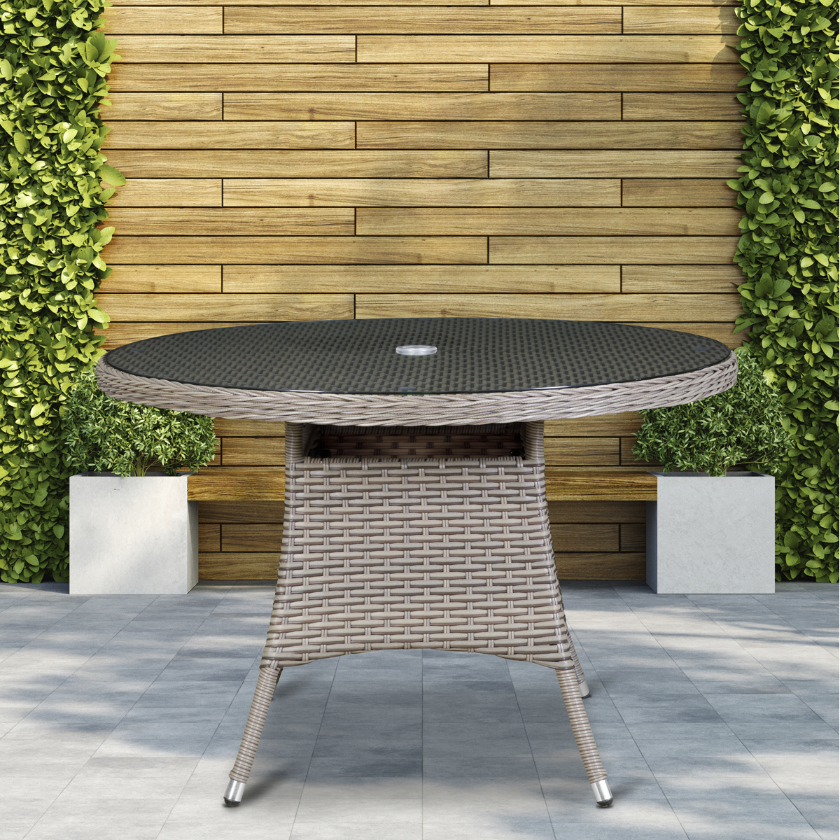 Dellonda DG66 Dellonda Chester Rattan Wicker Round Outdoor Dining Table with Tempered Glass Top