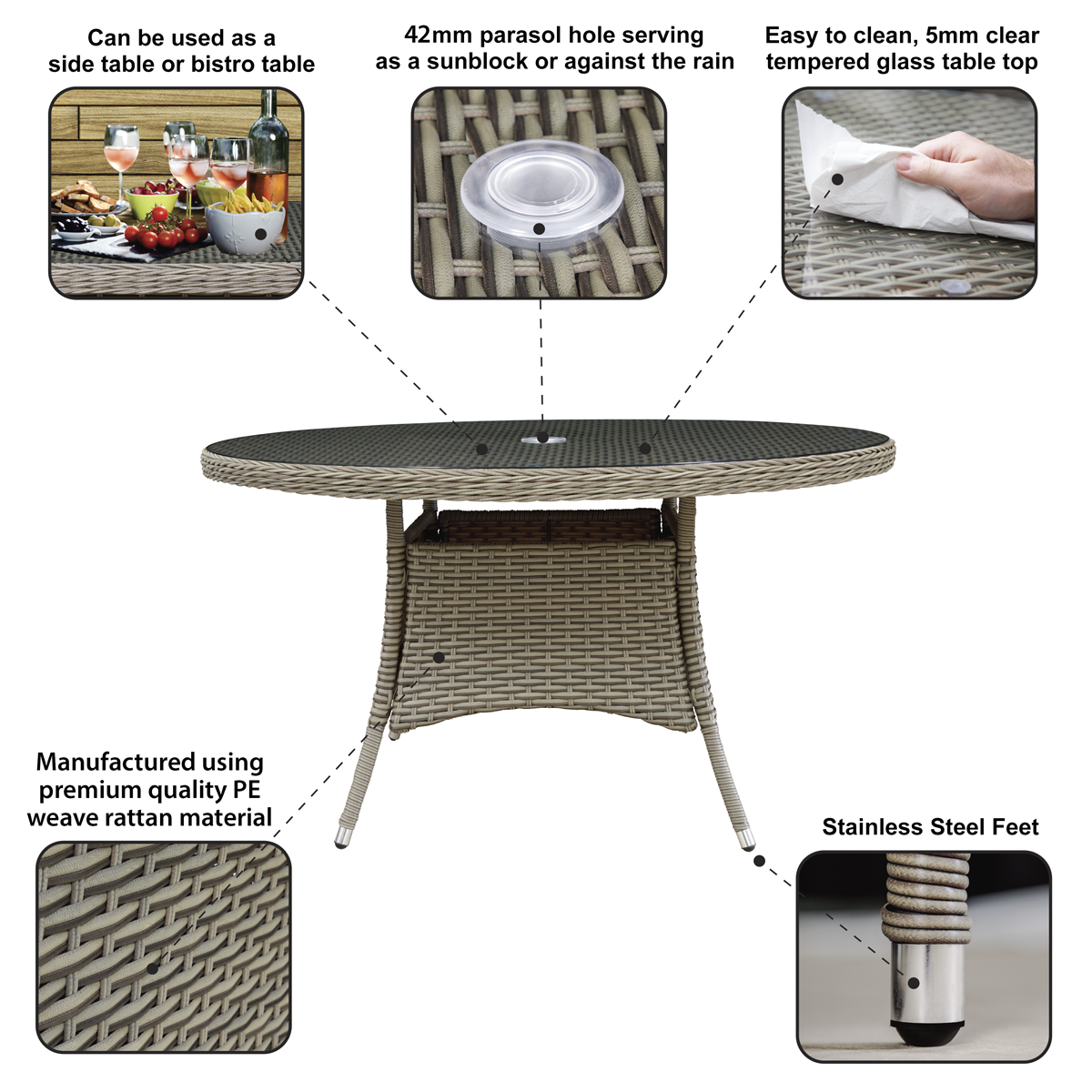 Dellonda DG67 Dellonda Chester Rattan Wicker Round Outdoor Dining Table with Tempered Glass Top