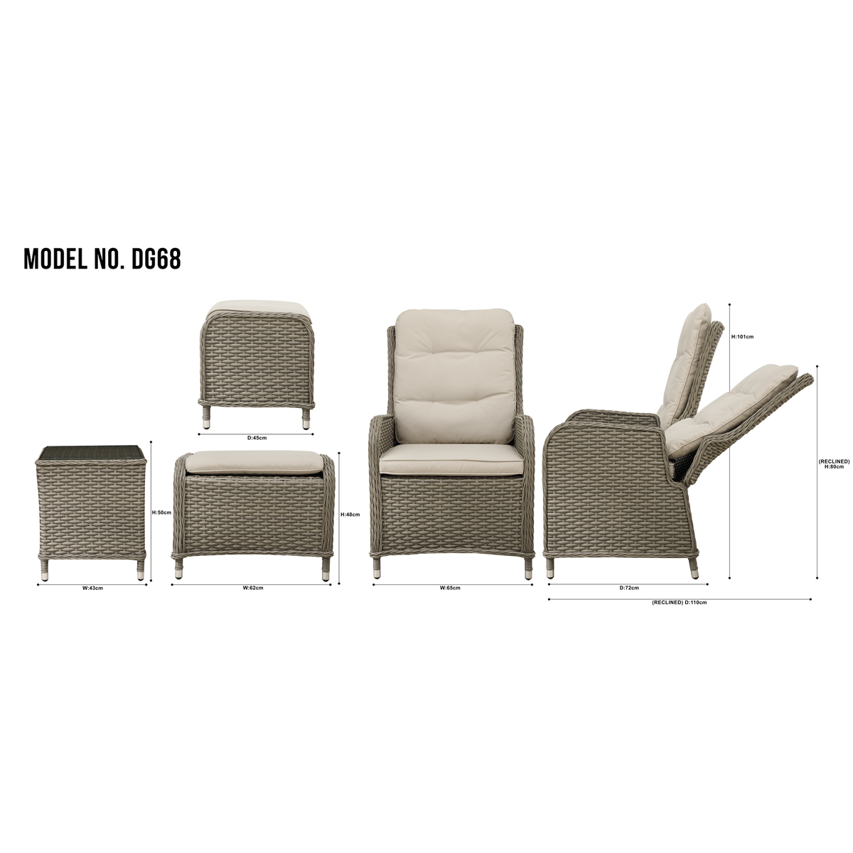 Dellonda DG68 Dellonda Chester Rattan Wicker Outdoor Recliner Loungers & Table Set 5pc
