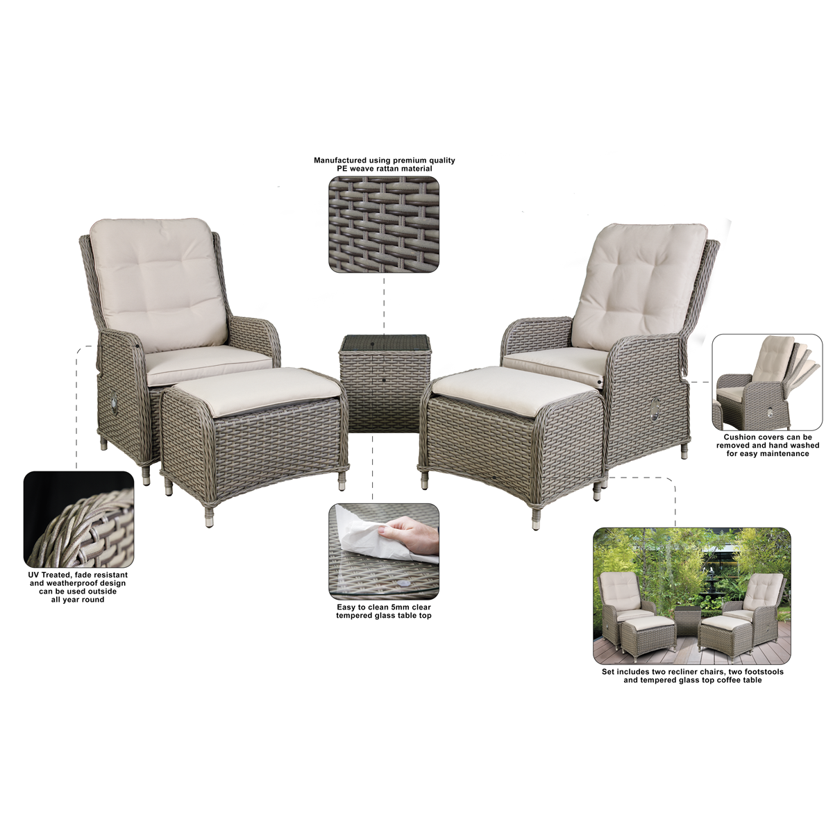 Dellonda DG68 Dellonda Chester Rattan Wicker Outdoor Recliner Loungers & Table Set 5pc