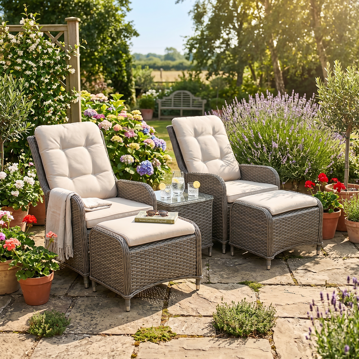 Dellonda DG68 Dellonda Chester Rattan Wicker Outdoor Recliner Loungers & Table Set 5pc