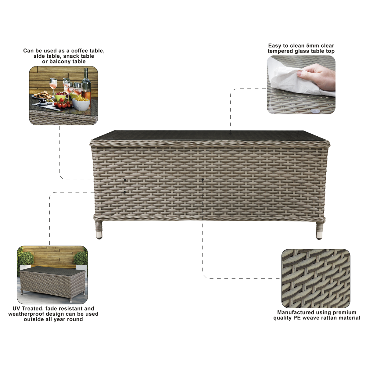 Dellonda DG71 Dellonda Chester Rattan Wicker Outdoor Balcony Table with Tempered Glass Top