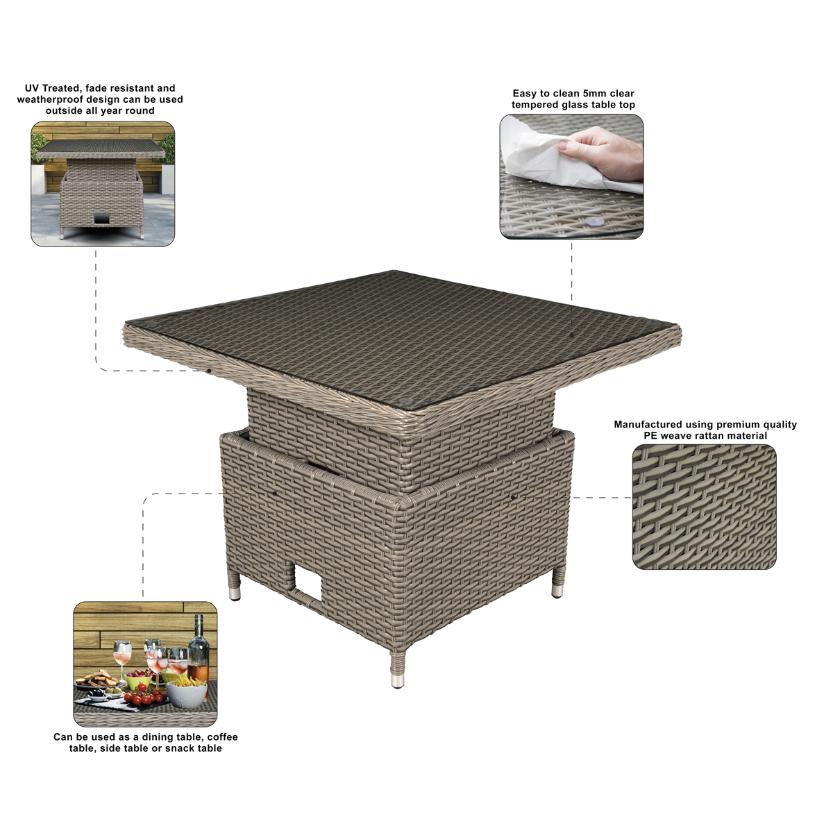 Dellonda DG73 Dellonda Chester Rattan Wicker Adjustable-Height Outdoor Dining Table