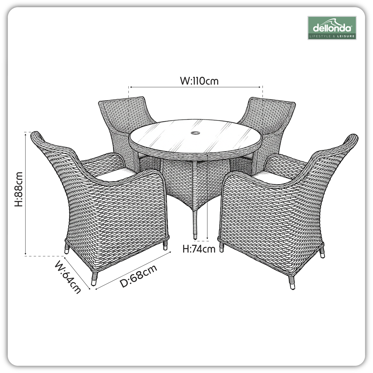 Dellonda DG84 Dellonda Chester Rattan Wicker Outdoor Dining Set with Tempered Glass Tabletop 5pc