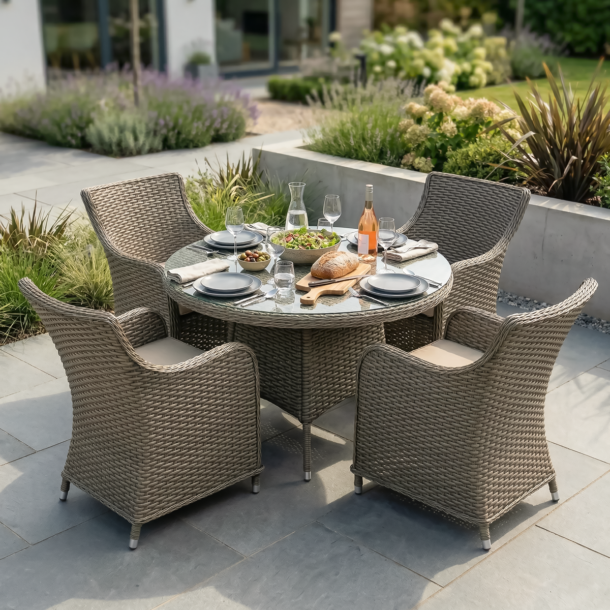 Dellonda DG84 Dellonda Chester Rattan Wicker Outdoor Dining Set with Tempered Glass Tabletop 5pc