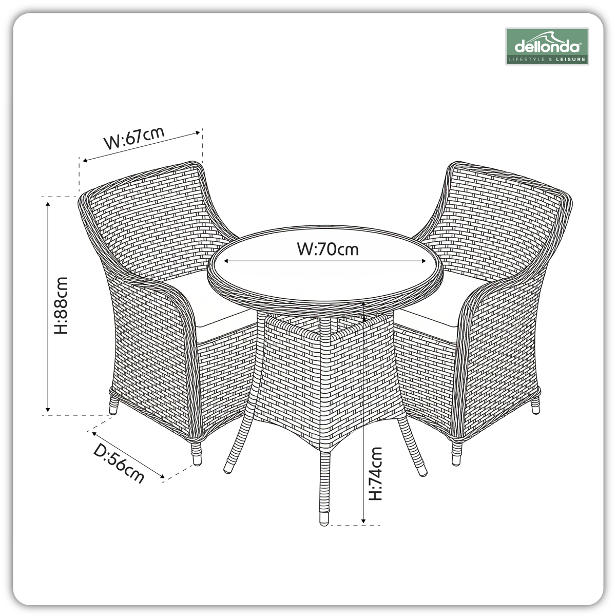 Dellonda DG86 Dellonda Chester Rattan Wicker Outdoor Dining Set with Tempered Glass Tabletop 3pc