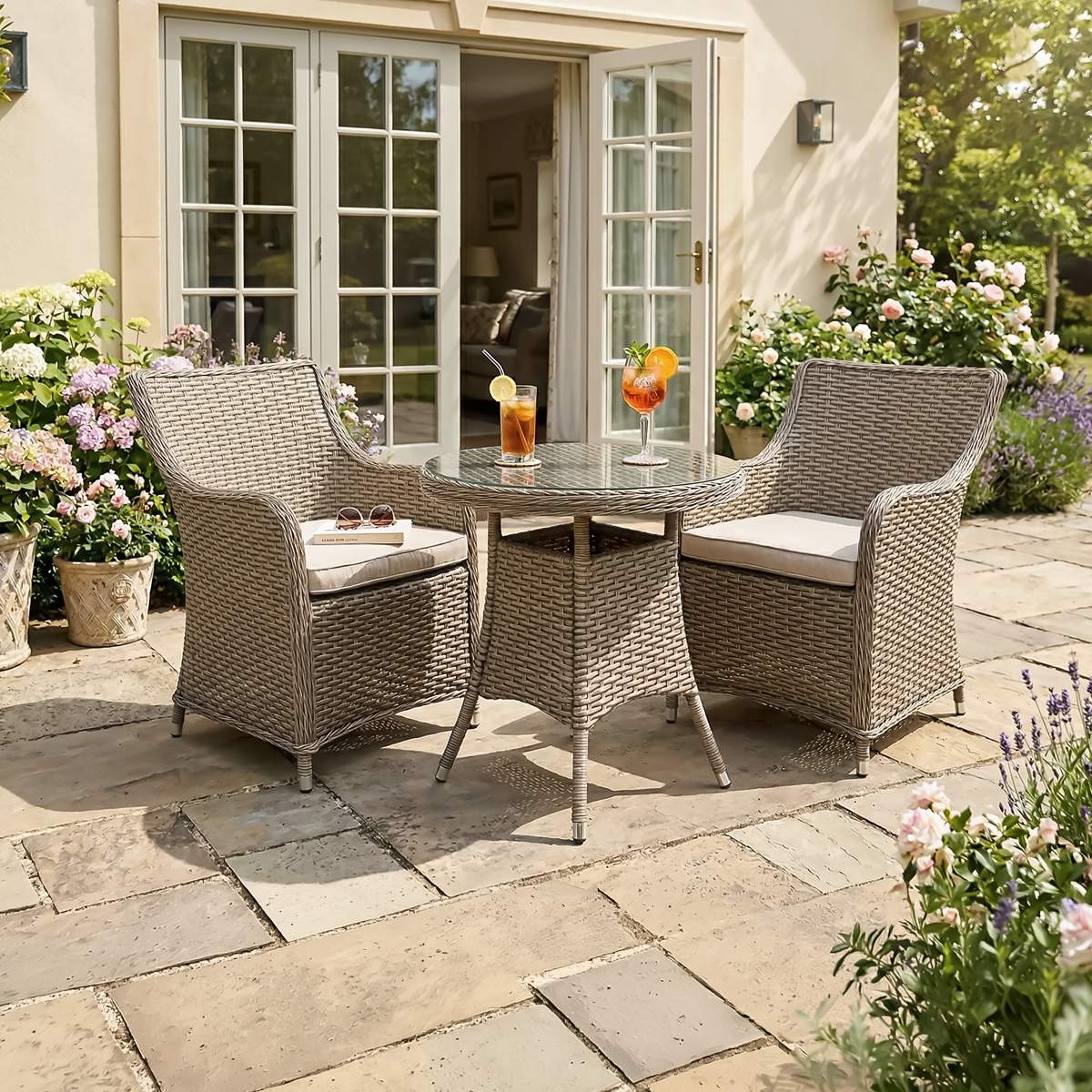 Dellonda DG86 Dellonda Chester Rattan Wicker Outdoor Dining Set with Tempered Glass Tabletop 3pc