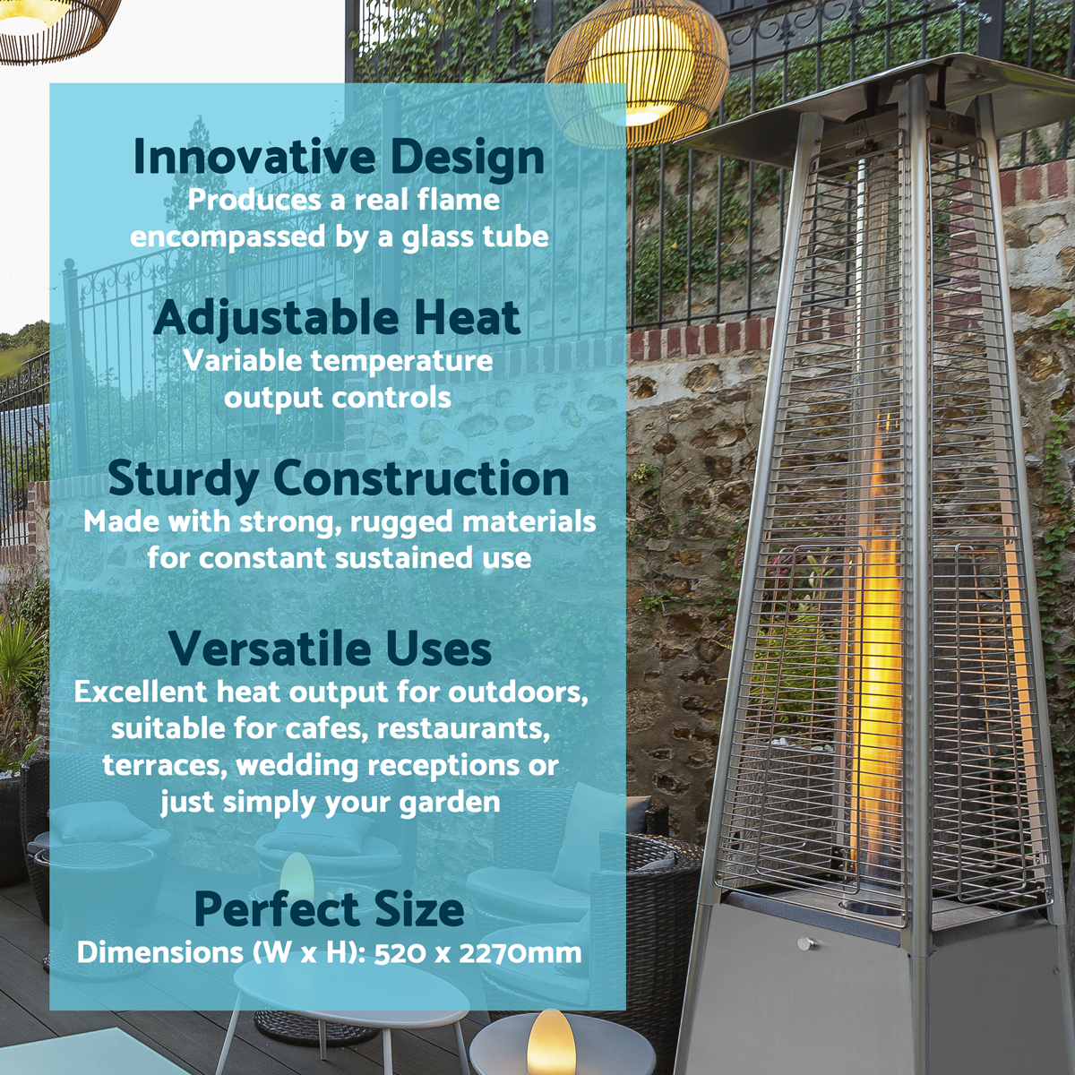 Dellonda DG99 Dellonda 13kW Pyramid Gas Patio Heater 13kW Commercial/Garden Use - Stainless Steel