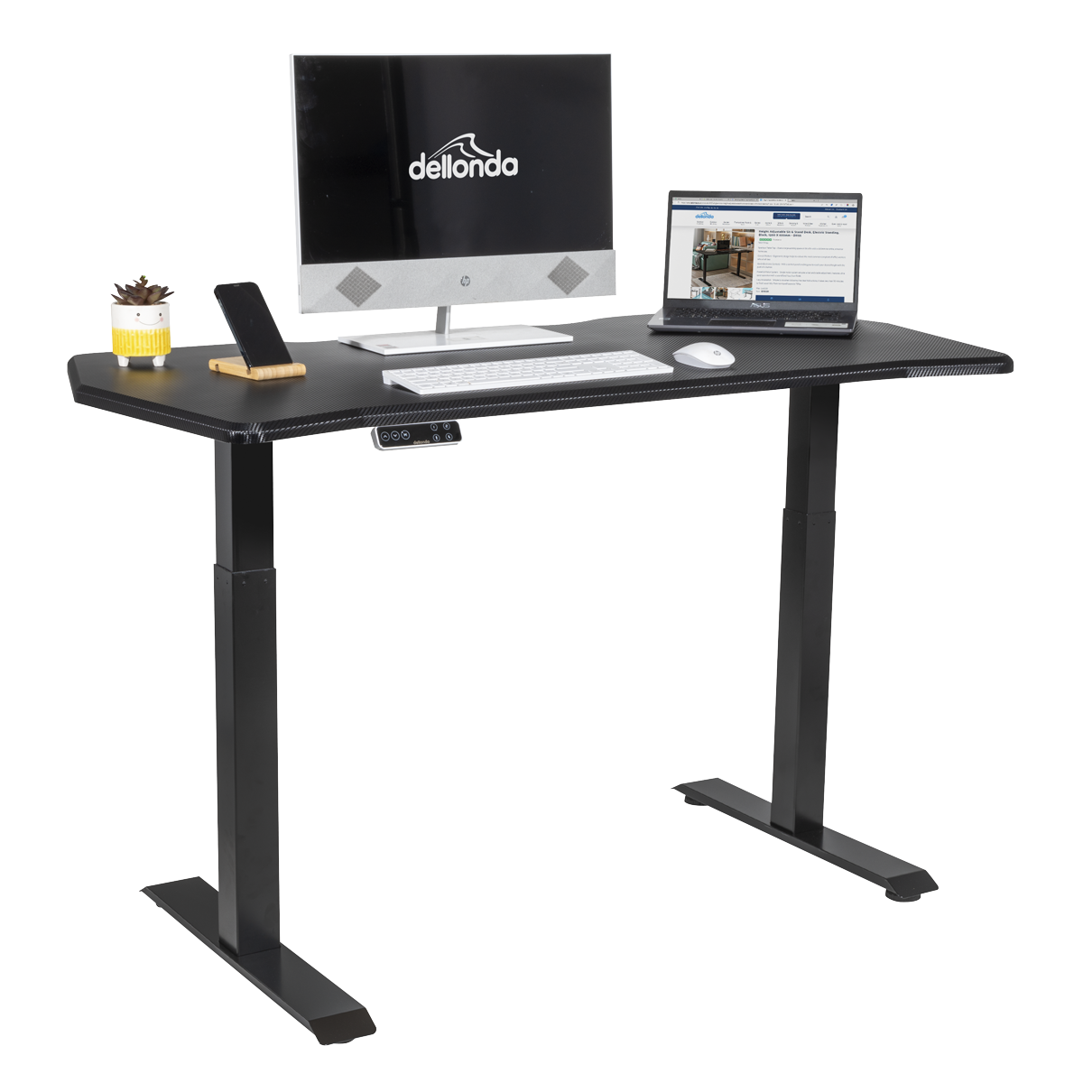 Dellonda DH241 Dellonda Carbon Fibre Effect Electric Height Adjustable Standing Desk, 1400 x 700mm Dual Motor 100kg