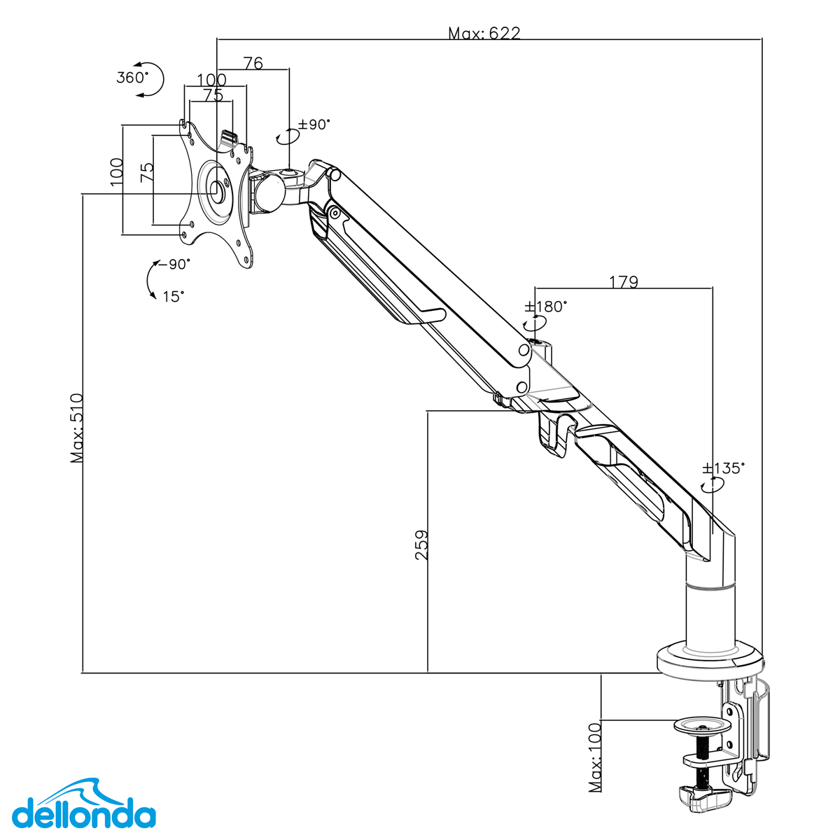 Dellonda DH26 Dellonda Adjustable Single Monitor Arm with 360° Rotation - White
