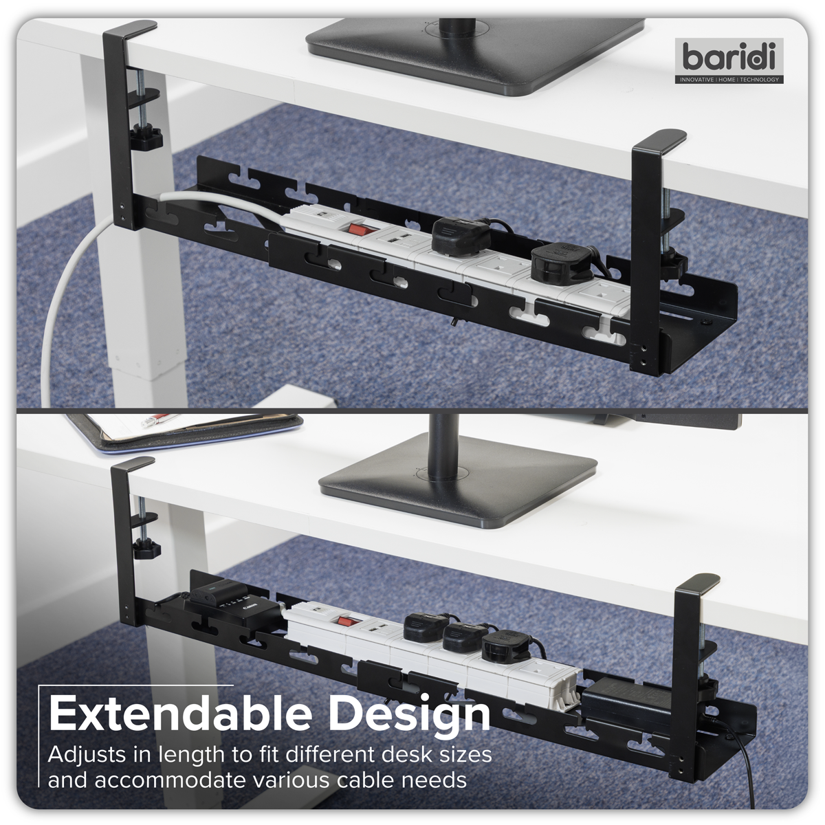 Dellonda DH276 Dellonda Extendable Cable Management Tray 435/730 x 130 x 190 - Black