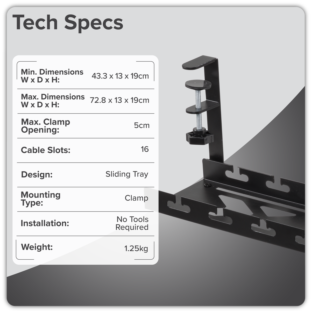 Dellonda DH276 Dellonda Extendable Cable Management Tray 435/730 x 130 x 190 - Black
