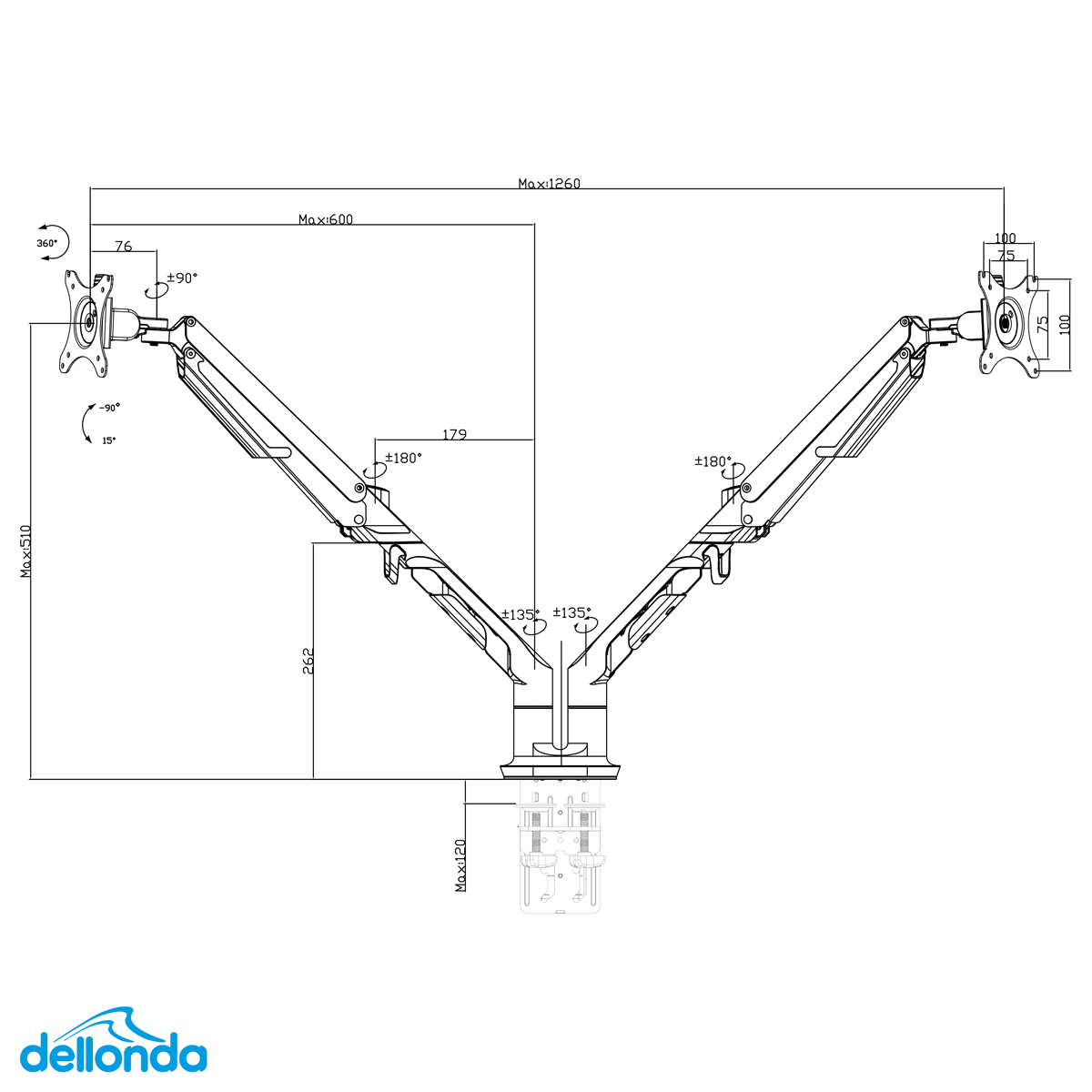 Dellonda DH27 Dellonda Adjustable Double Monitor Arm with 360° Rotation - White