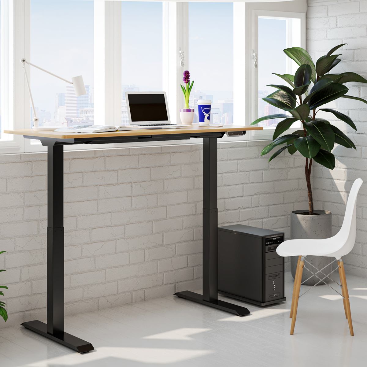 Dellonda DH33 Dellonda Oak Electric Height Adjustable Standing Desk, 1400 x 700mm Dual Motor 100kg