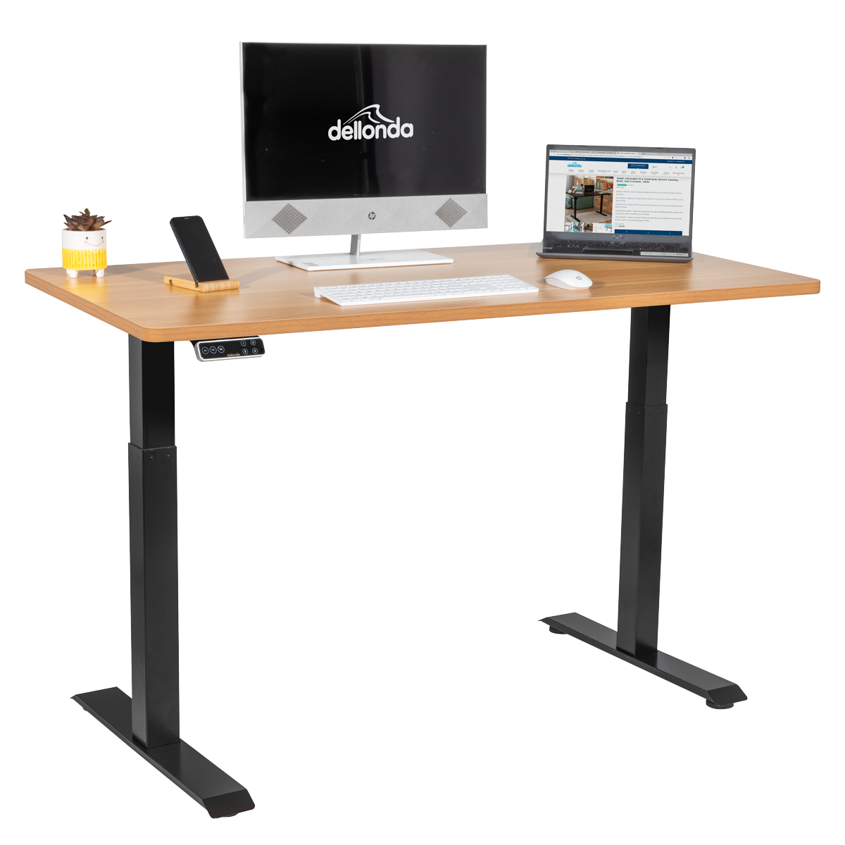 Dellonda DH33 Dellonda Oak Electric Height Adjustable Standing Desk, 1400 x 700mm Dual Motor 100kg