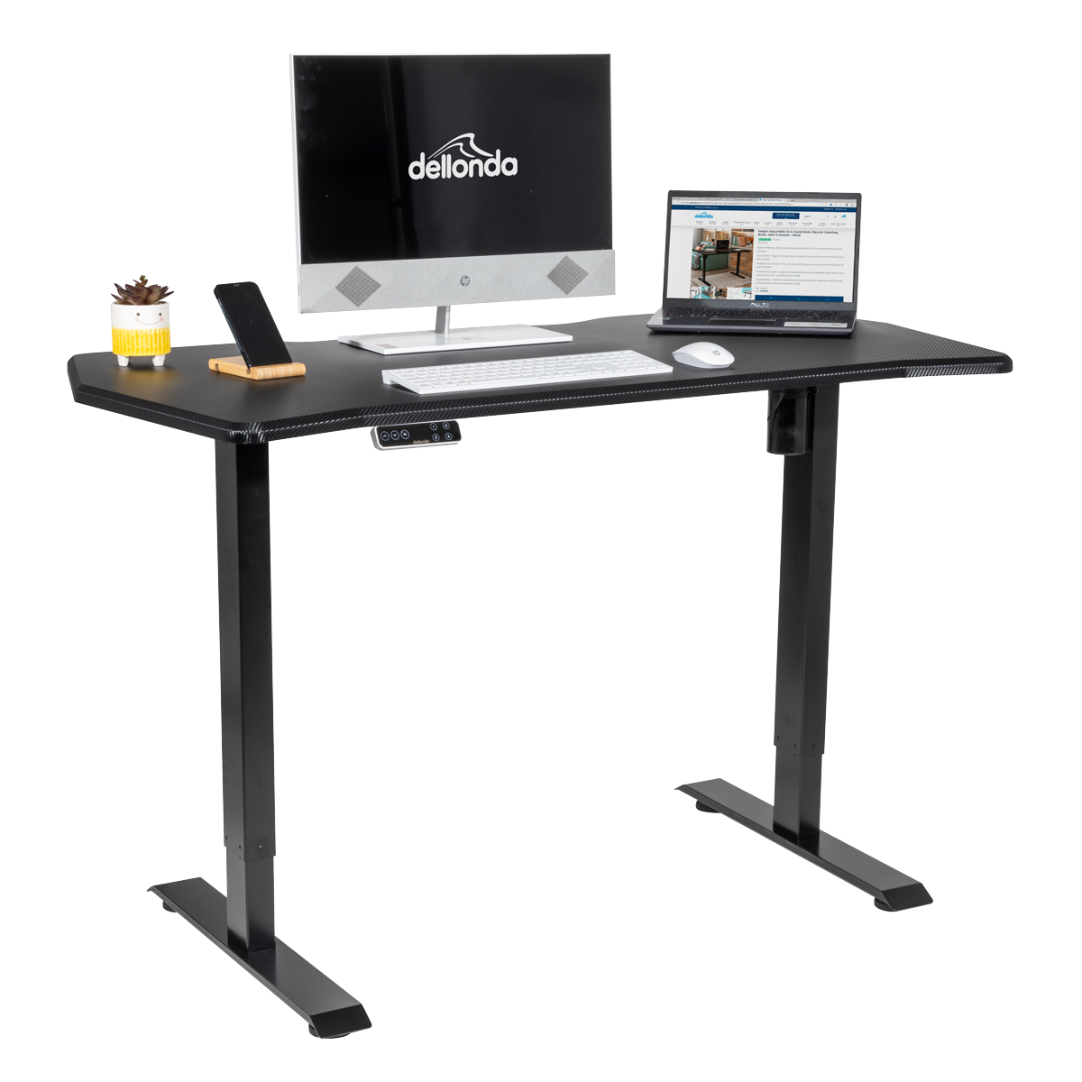 Dellonda DH43 Dellonda Carbon Fibre Effect Electric Height Adjustable Standing Desk with Memory, Quiet, 1400 x 700mm