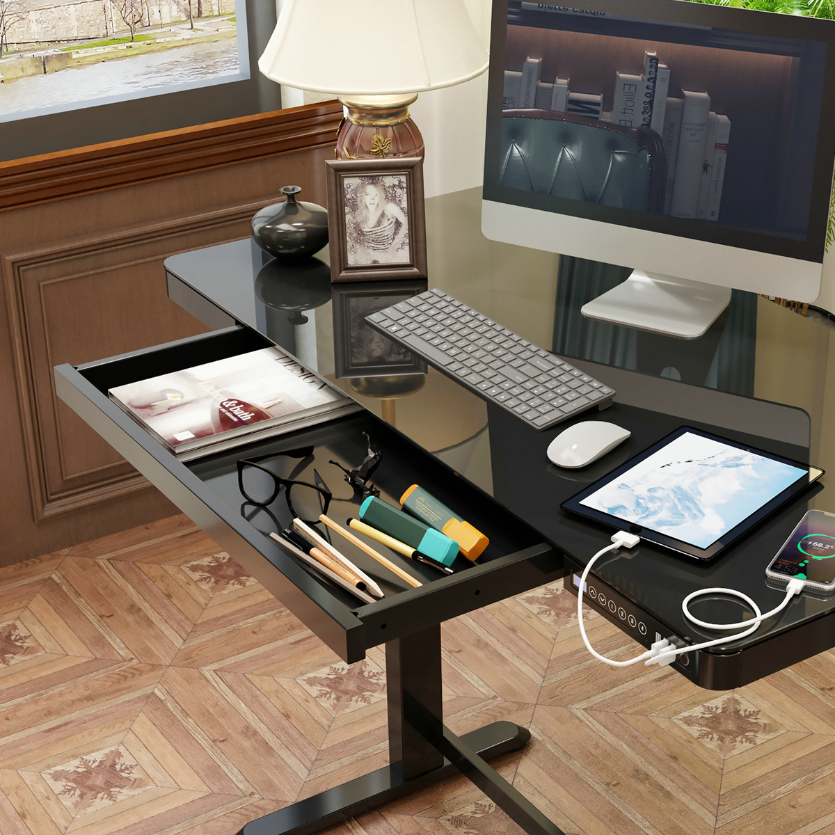 Dellonda DH53 Dellonda Single Motor Ultra-Quiet Electric Desk with Control Panel, USB Port & Drawer - Black Desktop