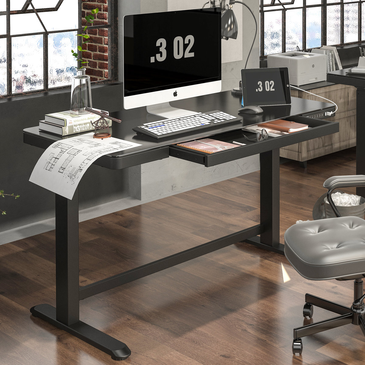 Dellonda DH53 Dellonda Single Motor Ultra-Quiet Electric Desk with Control Panel, USB Port & Drawer - Black Desktop
