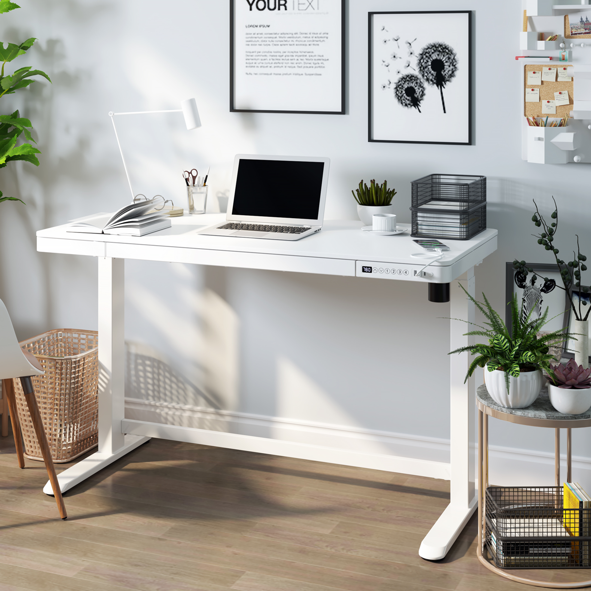 Dellonda DH54 Dellonda Single Motor Ultra-Quiet Electric Desk with Control Panel, USB Port & Drawer - White Desktop