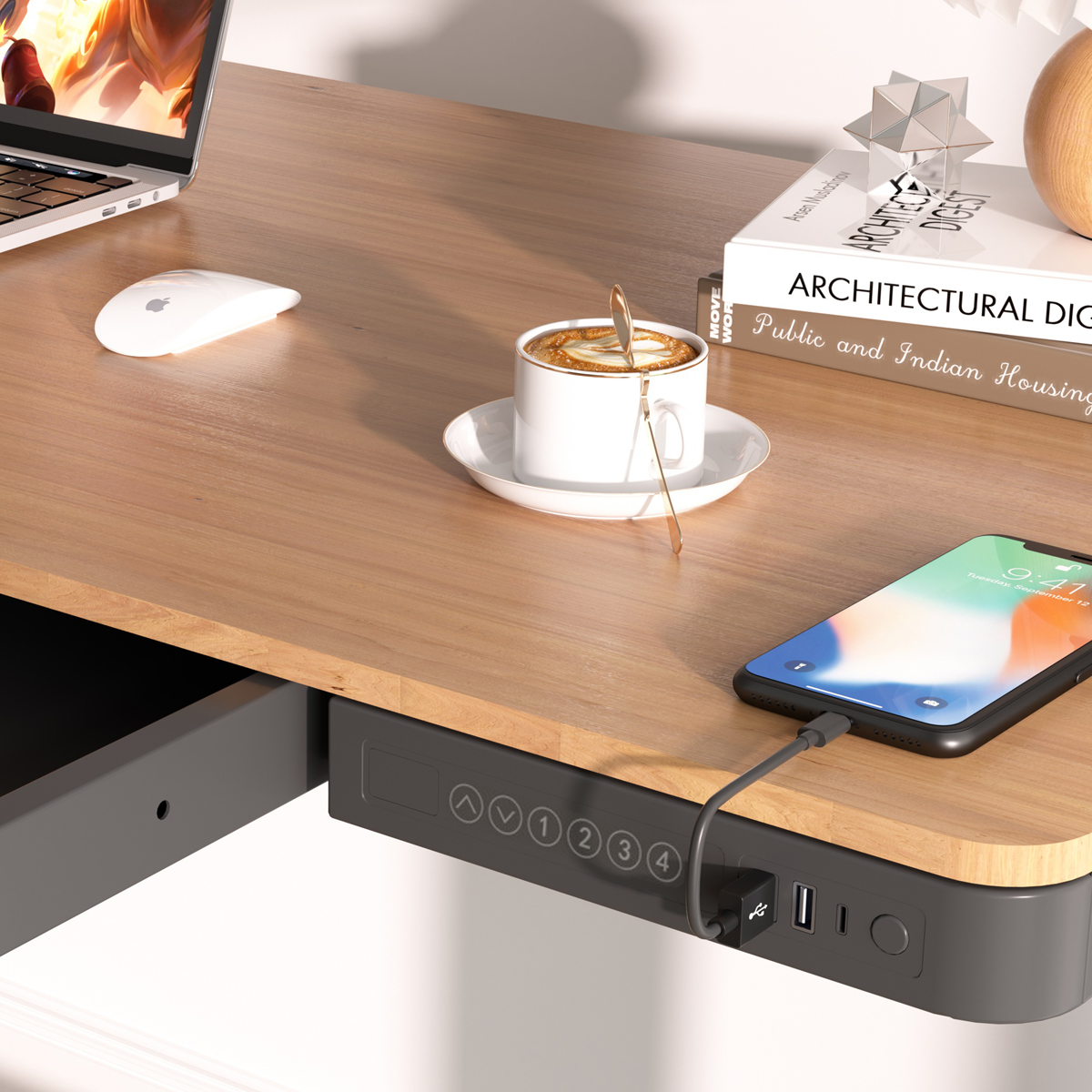 Dellonda DH65 Dellonda Single Motor Ultra-Quiet Electric Desk with Control Panel, USB Port & Drawer - Oak Desktop