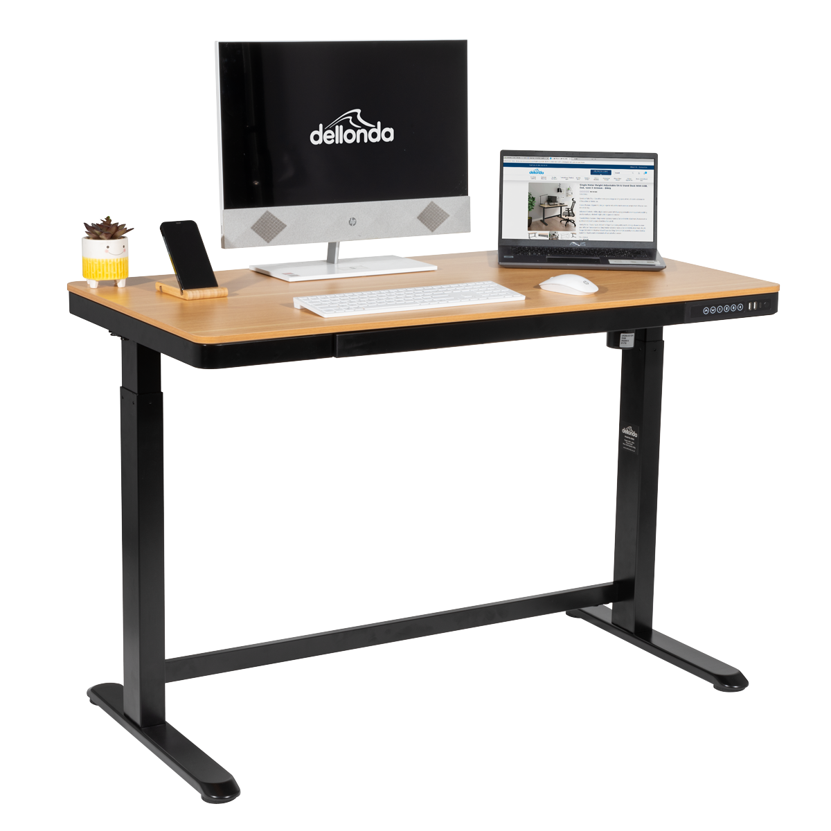 Dellonda DH65 Dellonda Single Motor Ultra-Quiet Electric Desk with Control Panel, USB Port & Drawer - Oak Desktop