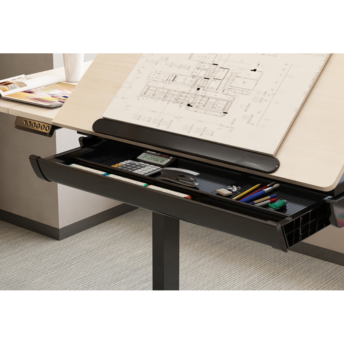 Dellonda DH71 Dellonda Single Motor Ultra-Quiet Electric Adjustable Drawing Table with 40° Tilt, Drawer & Side Table