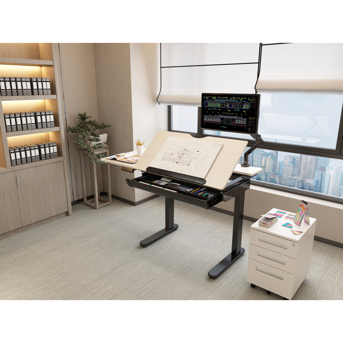 Dellonda DH71 Dellonda Single Motor Ultra-Quiet Electric Adjustable Drawing Table with 40° Tilt, Drawer & Side Table