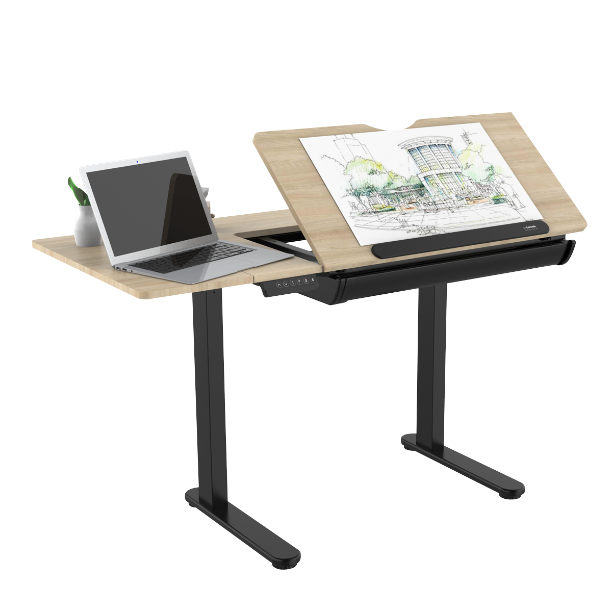 Dellonda DH71 Dellonda Single Motor Ultra-Quiet Electric Adjustable Drawing Table with 40° Tilt, Drawer & Side Table