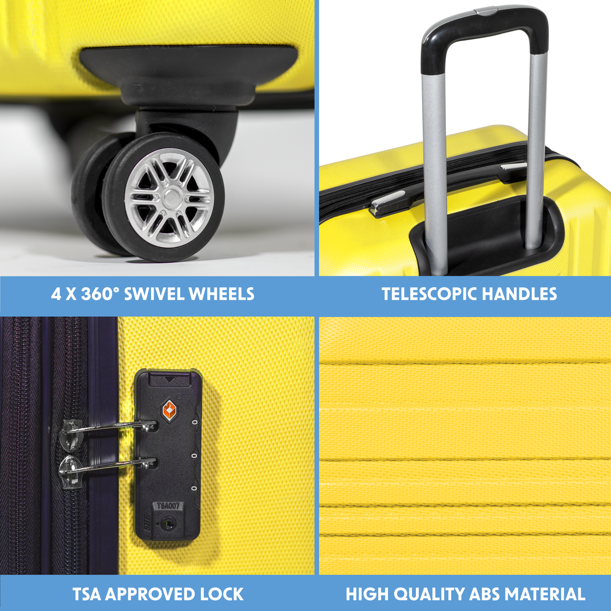 Dellonda DL124 Dellonda Lightweight ABS Luggage Set with TSA Lock - Yellow