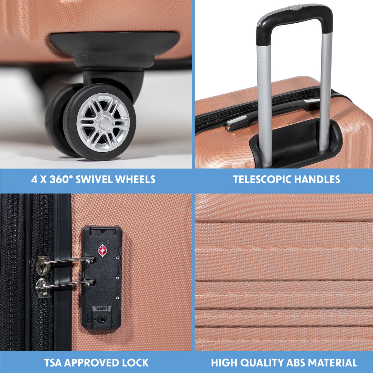 Dellonda DL125 Dellonda Lightweight ABS Luggage Set with TSA Lock - Rose Gold