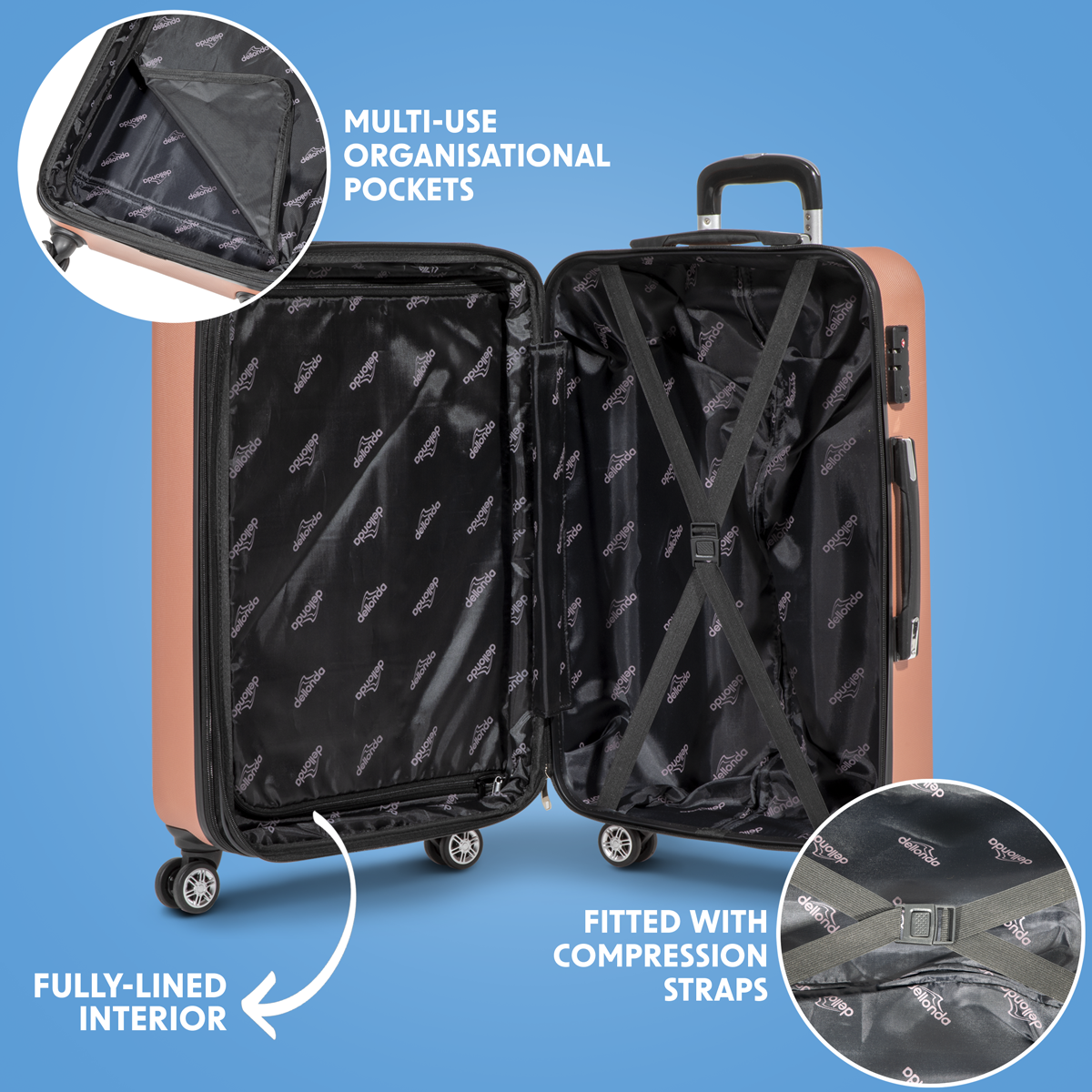 Dellonda DL125 Dellonda Lightweight ABS Luggage Set with TSA Lock - Rose Gold