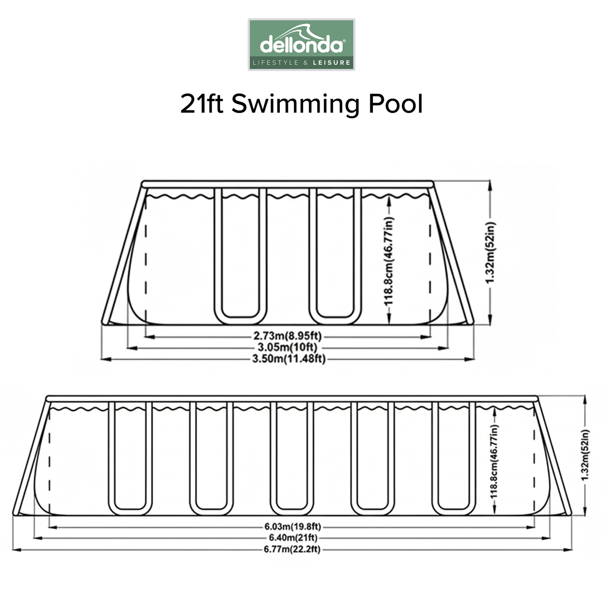 Dellonda DL150 Dellonda Deluxe Steel Frame Rectangular Swimming Pool with Step Ladder & Filter Pump 21ft