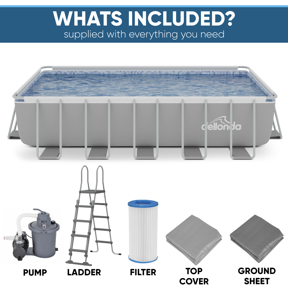 Dellonda DL150 Dellonda Deluxe Steel Frame Rectangular Swimming Pool with Step Ladder & Filter Pump 21ft