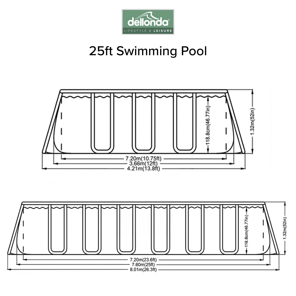 Dellonda DL151 Dellonda Deluxe Steel Frame Rectangular Swimming Pool with Step Ladder & Filter Pump 25ft
