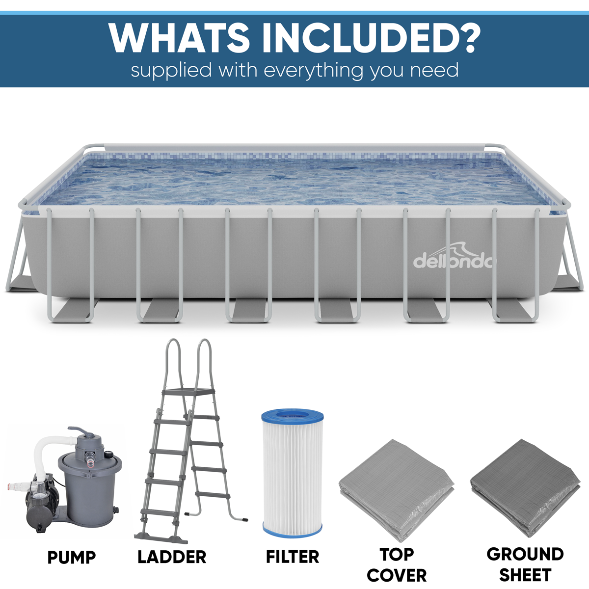 Dellonda DL151 Dellonda Deluxe Steel Frame Rectangular Swimming Pool with Step Ladder & Filter Pump 25ft