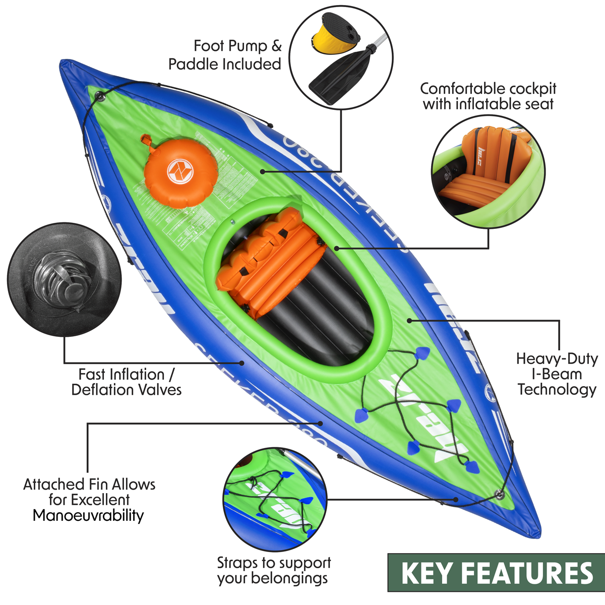 Dellonda DL154 Dellonda Inflatable One-Person Kayak/Canoe Set with Pump, Carry Bag & Aluminium Oar - Blue/Green