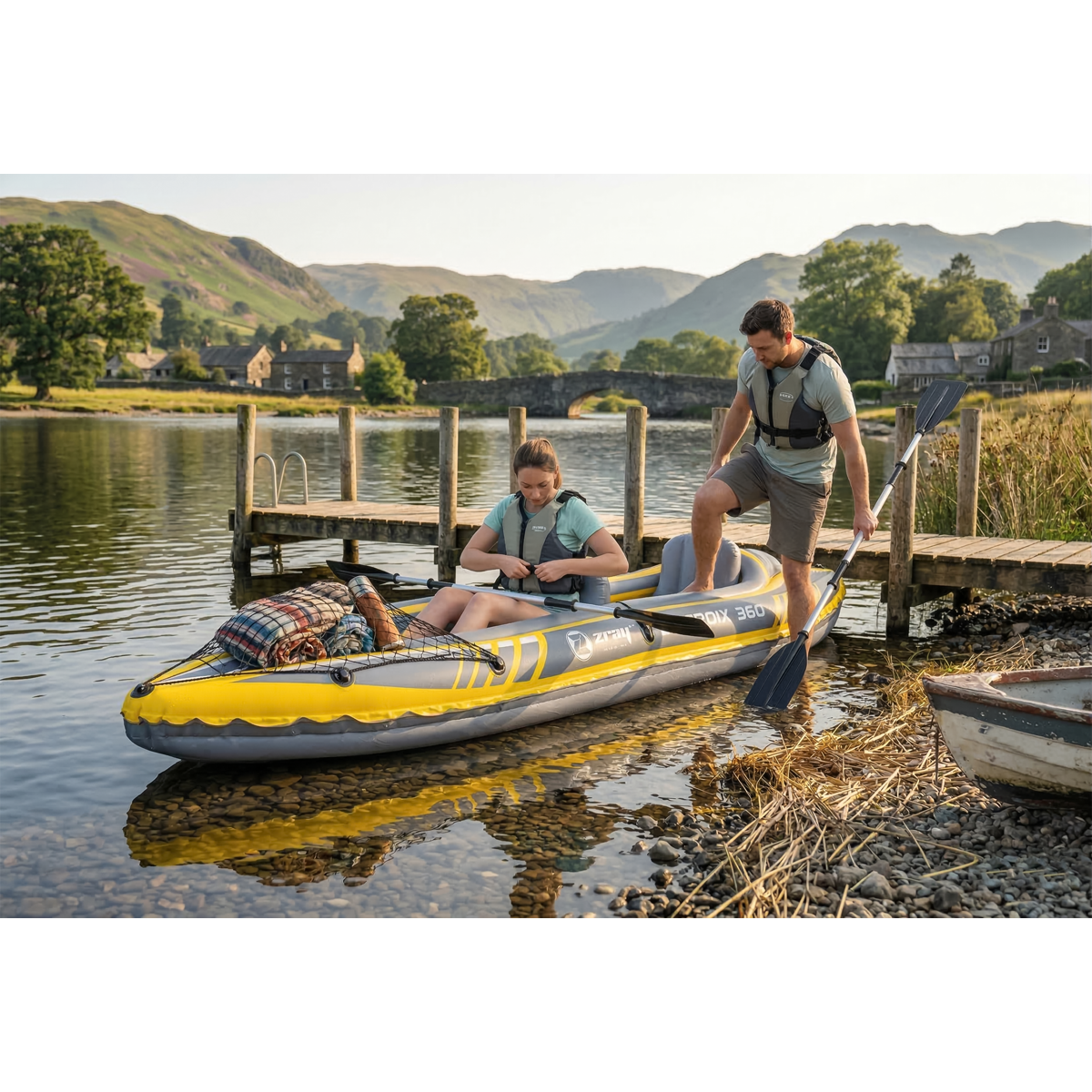 Dellonda DL155 Dellonda Inflatable 2-Person Kayak/Canoe Set with Pump, Carry Bag & 2 Oars - Blue/Yellow/White