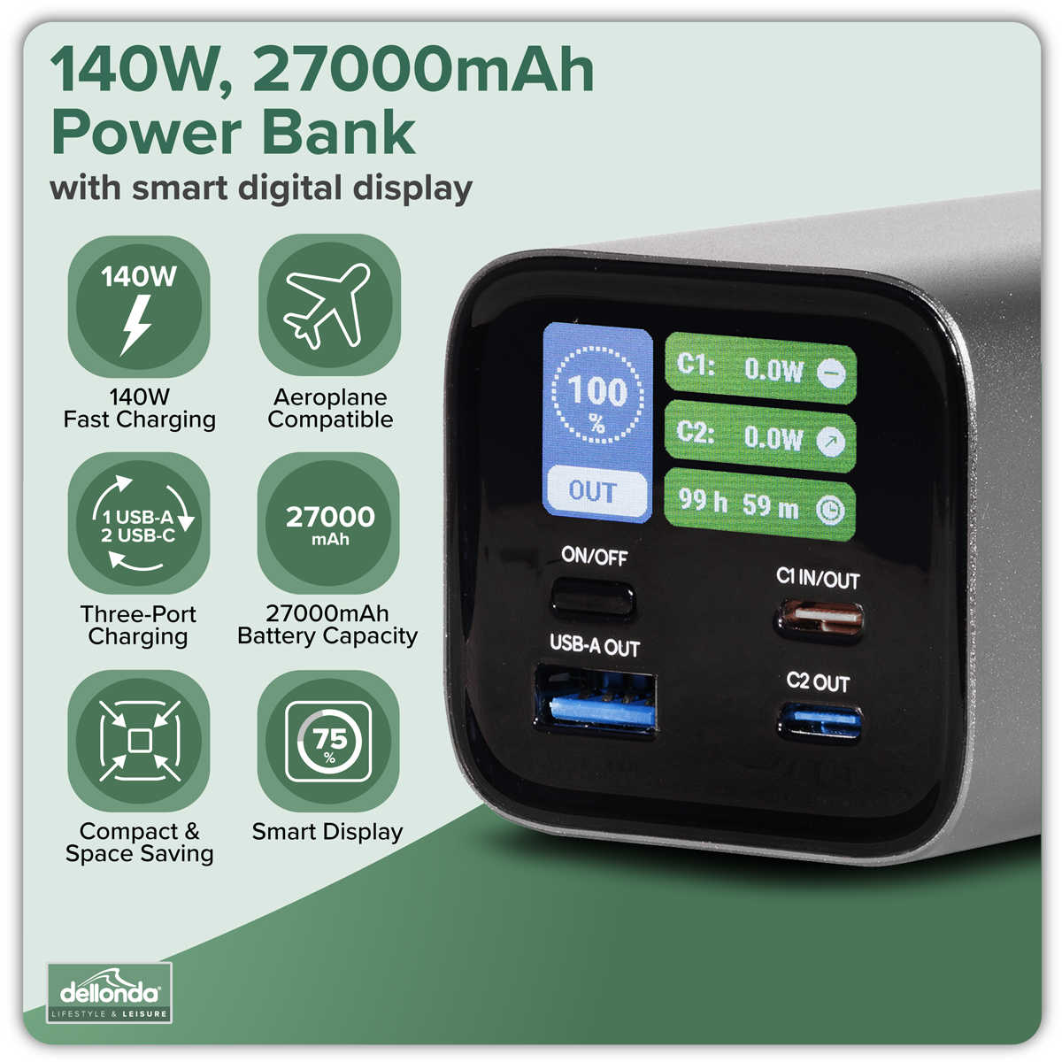 Dellonda DL168 Dellonda Portable Power Bank 140W 27000mAh