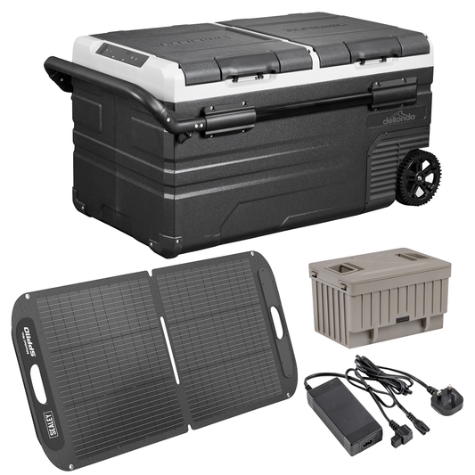 Dellonda DL174 Portable Fridge Freezer/Cool Box 75L with 11.1V Portable Battery, AC/DC 230V Adaptor & 110W Solar Panel