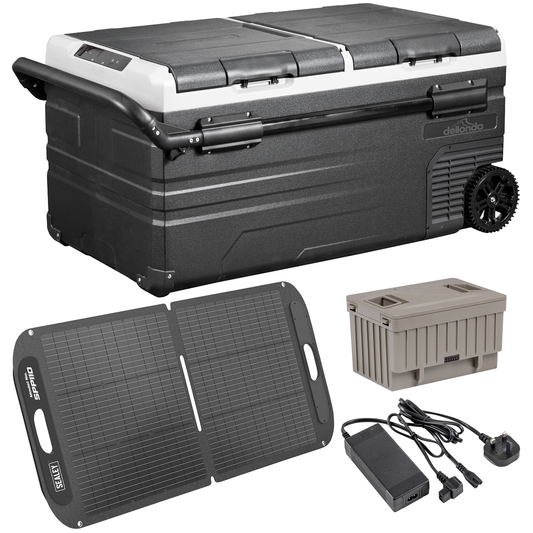 Dellonda DL175 Portable Fridge Freezer/Cool Box 95L with 11.1V Portable Battery, AC/DC 230V Adaptor & 110W Solar Panel