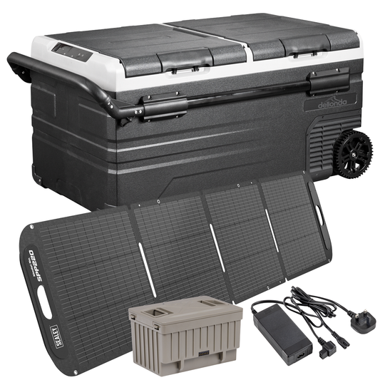 Dellonda DL177 Portable Fridge Freezer/Cool Box 95L with 11.1V Portable Battery, AC/DC 230V Adaptor & 220W Solar Panel