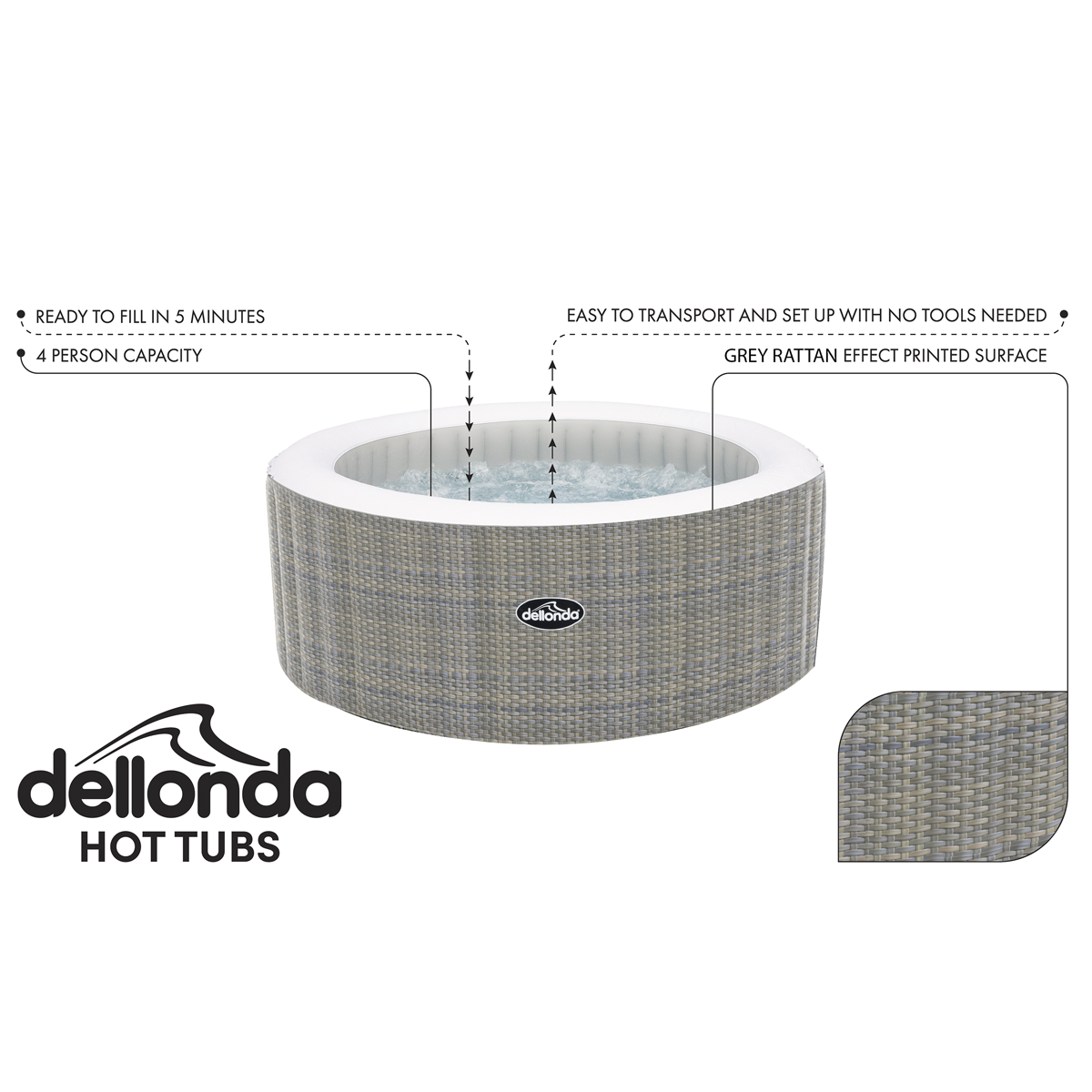 Dellonda DL90 Dellonda 2-4 Person Inflatable Hot Tub/Spa with Smart Pump - Rattan Effect