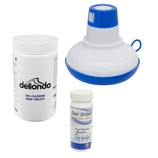 Dellonda DL97 Dellonda Hot Tub/Spa & Swimming Pool Chlorine Pack includes Chlorine Mini Tabs 1kg, Chemical Floaters & 3-in-1 Test Strips