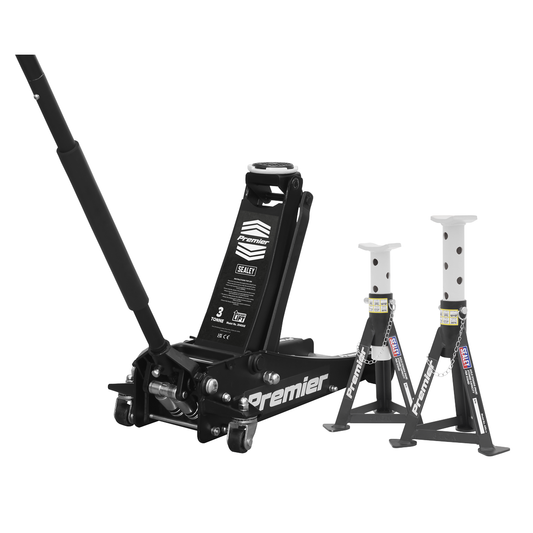 Premier 3040ABCOMBO Premier Trolley Jack 3 Tonne & Axle Stands (Pair) 3 Tonne per Stand Combo