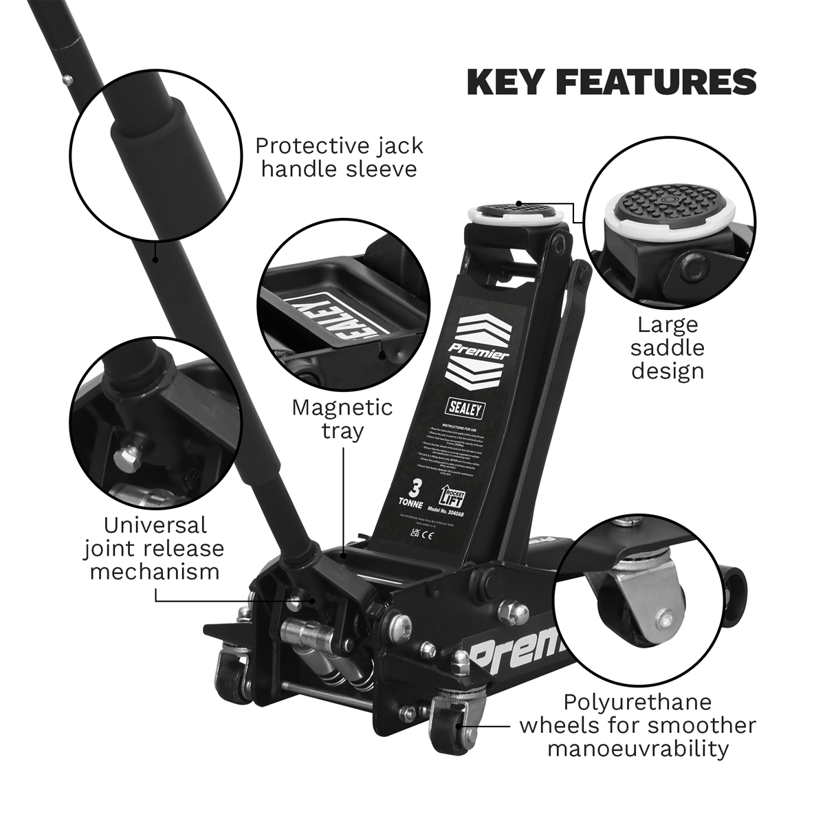 Premier 3040AB Premier Low Profile Trolley Jack with Rocket Lift 3 Tonne - Black