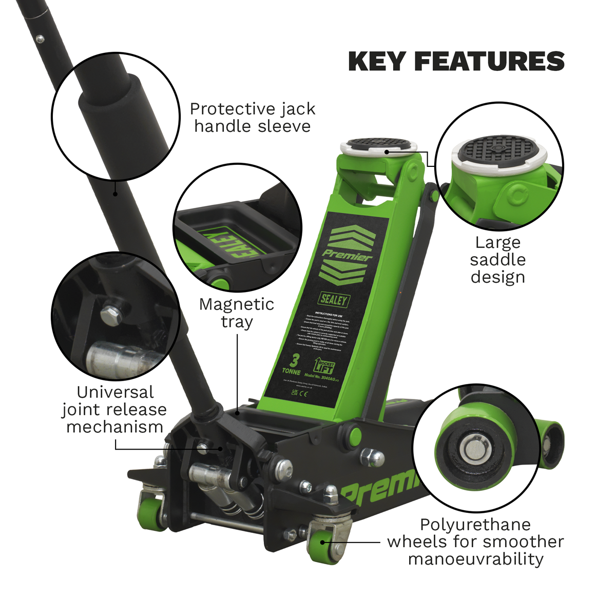 Premier 3040AG Premier Low Profile Trolley Jack with Rocket Lift 3 Tonne - Green