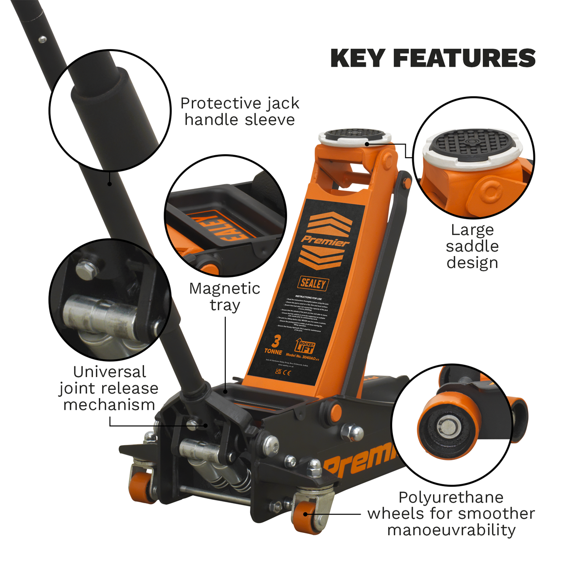 Premier 3040AO Premier Low Profile Trolley Jack with Rocket Lift 3 Tonne - Orange
