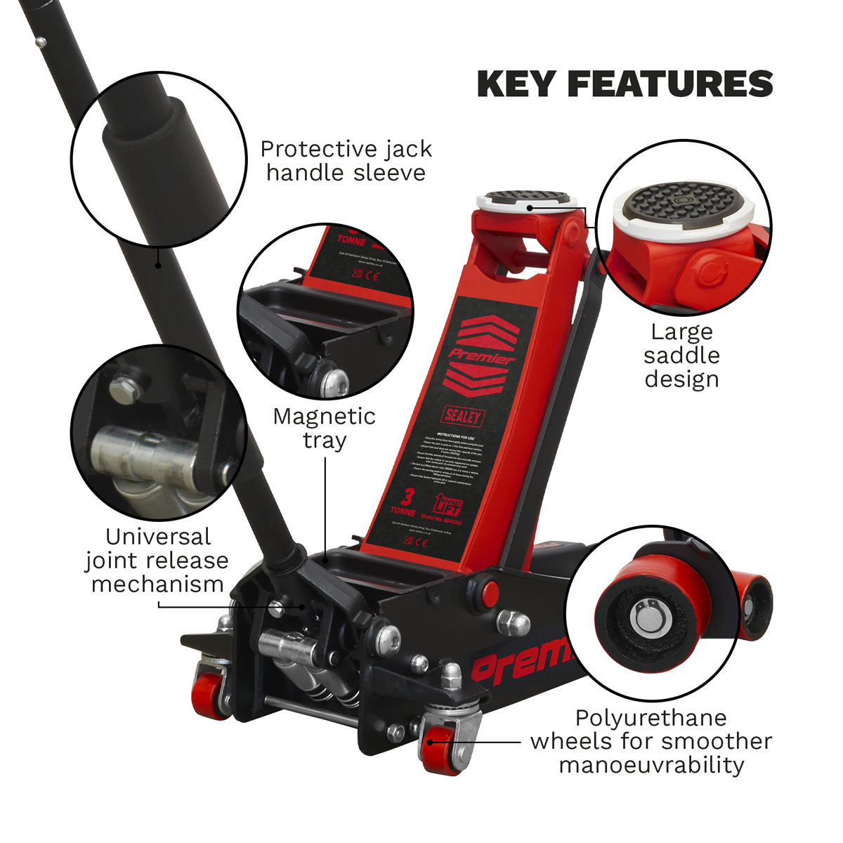 Premier 3040AR Premier Low Profile Trolley Jack with Rocket Lift 3 Tonne - Red